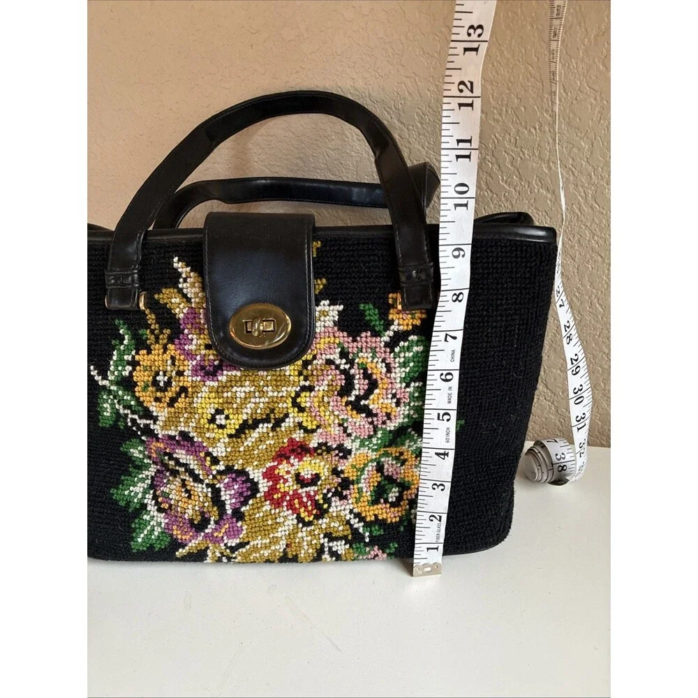 Vintage 1950s Needlepoint Carpetbag Handbag Tapestry Floral Shoulder Bag Purse